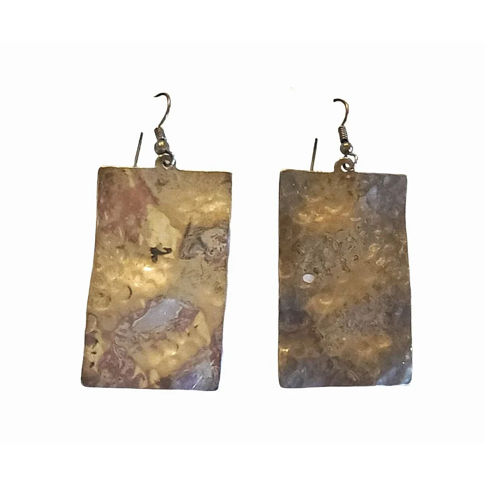 Vitage Solid 925 Sterling Silver Hammered Rectangle Hook Earrings